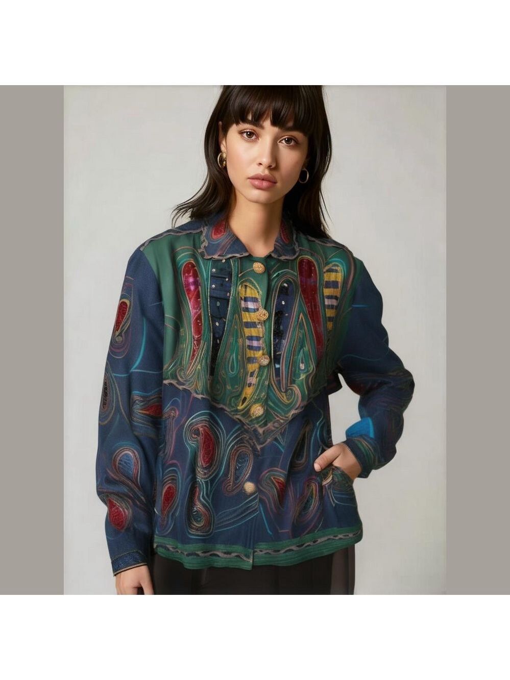 Vintage 90s Jean Jacket Embroidered Denim Silk Abstract Art Cottagecore Teacher